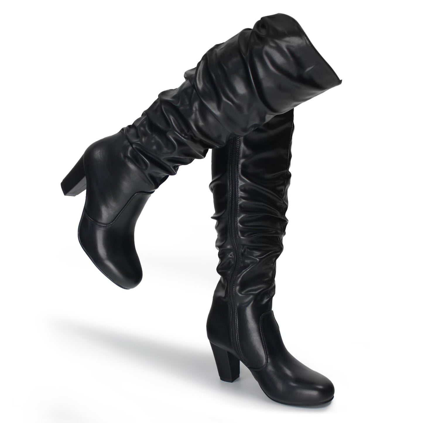 Hawkwell Women's Black White Fall Winter Chunky High-heel Side Zip Knee High Boots,Black PU,7 M US
