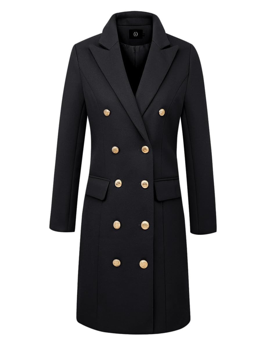 IDEALSANXUN Black Trench Coat Women Fall Winter Double Breasted Wool Jacket Long Black Coat, Black, XL
