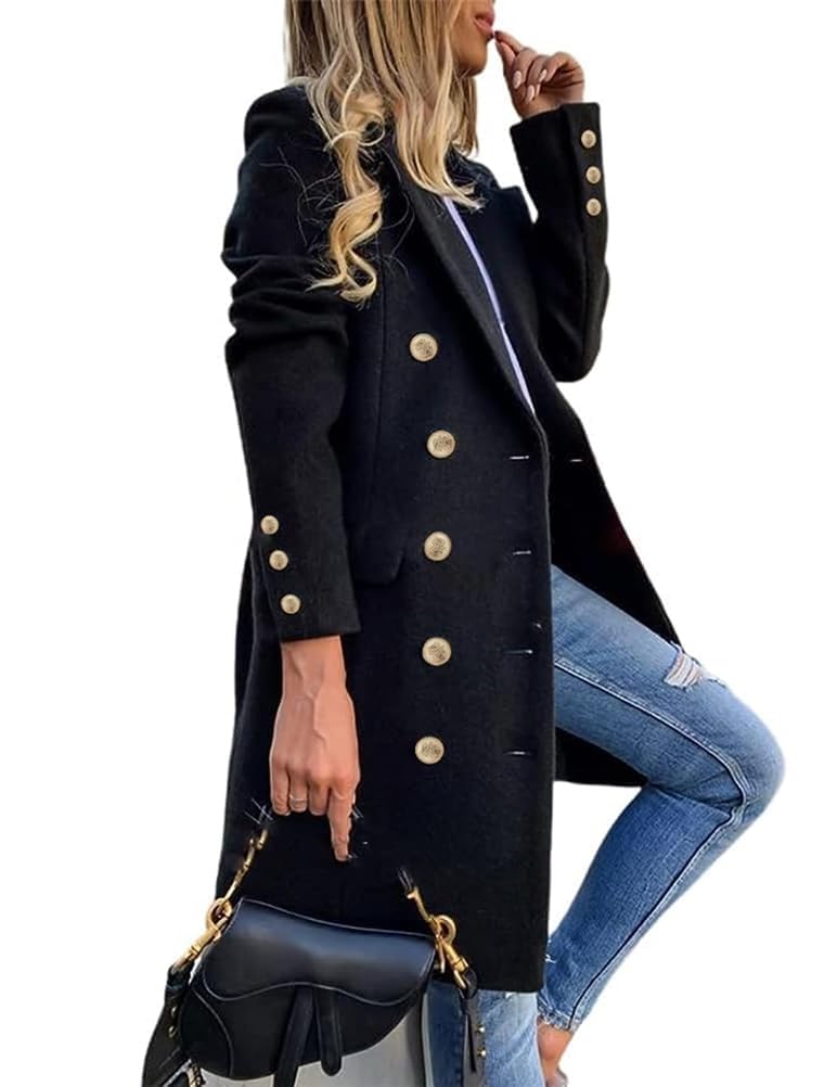 IDEALSANXUN Black Trench Coat Women Fall Winter Double Breasted Wool Jacket Long Black Coat, Black, XL
