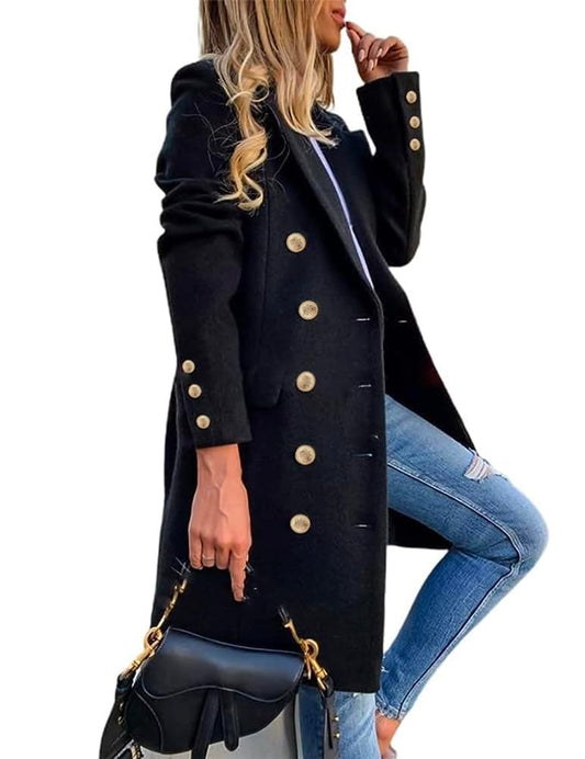 IDEALSANXUN Black Trench Coat Women Fall Winter Double Breasted Wool Jacket Long Black Coat, Black, XL