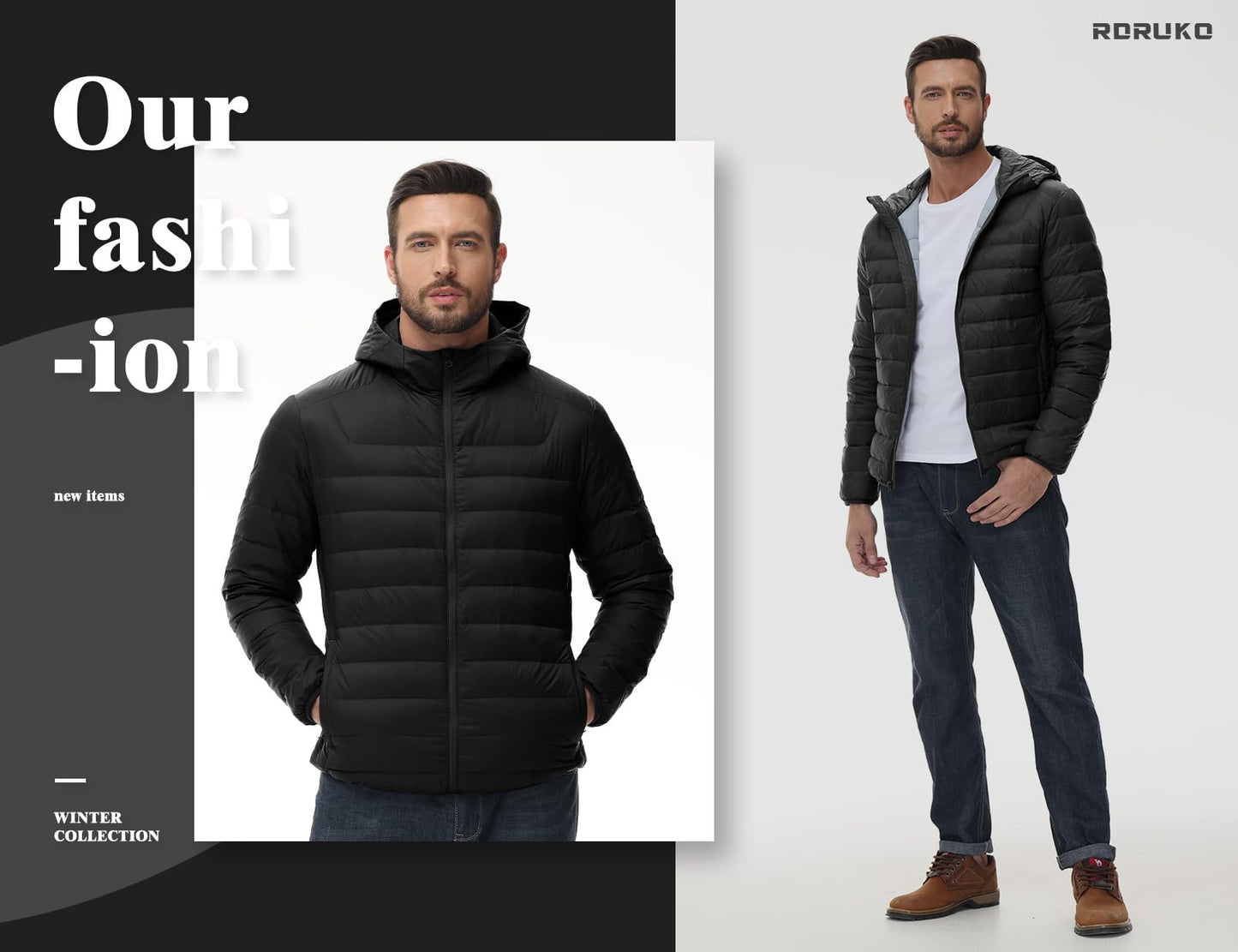 Rdruko Men's Down Puffer Jacket with Hood Packable Lightweight Puffy Hooded Winter Coat Light Thin Insulated Jacket, Black, XXL