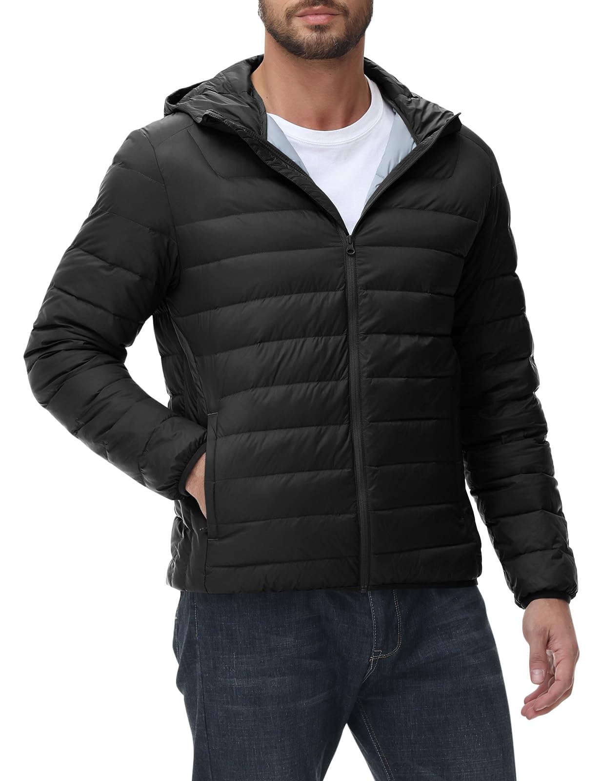 Rdruko Men's Down Puffer Jacket with Hood Packable Lightweight Puffy Hooded Winter Coat Light Thin Insulated Jacket, Black, XXL