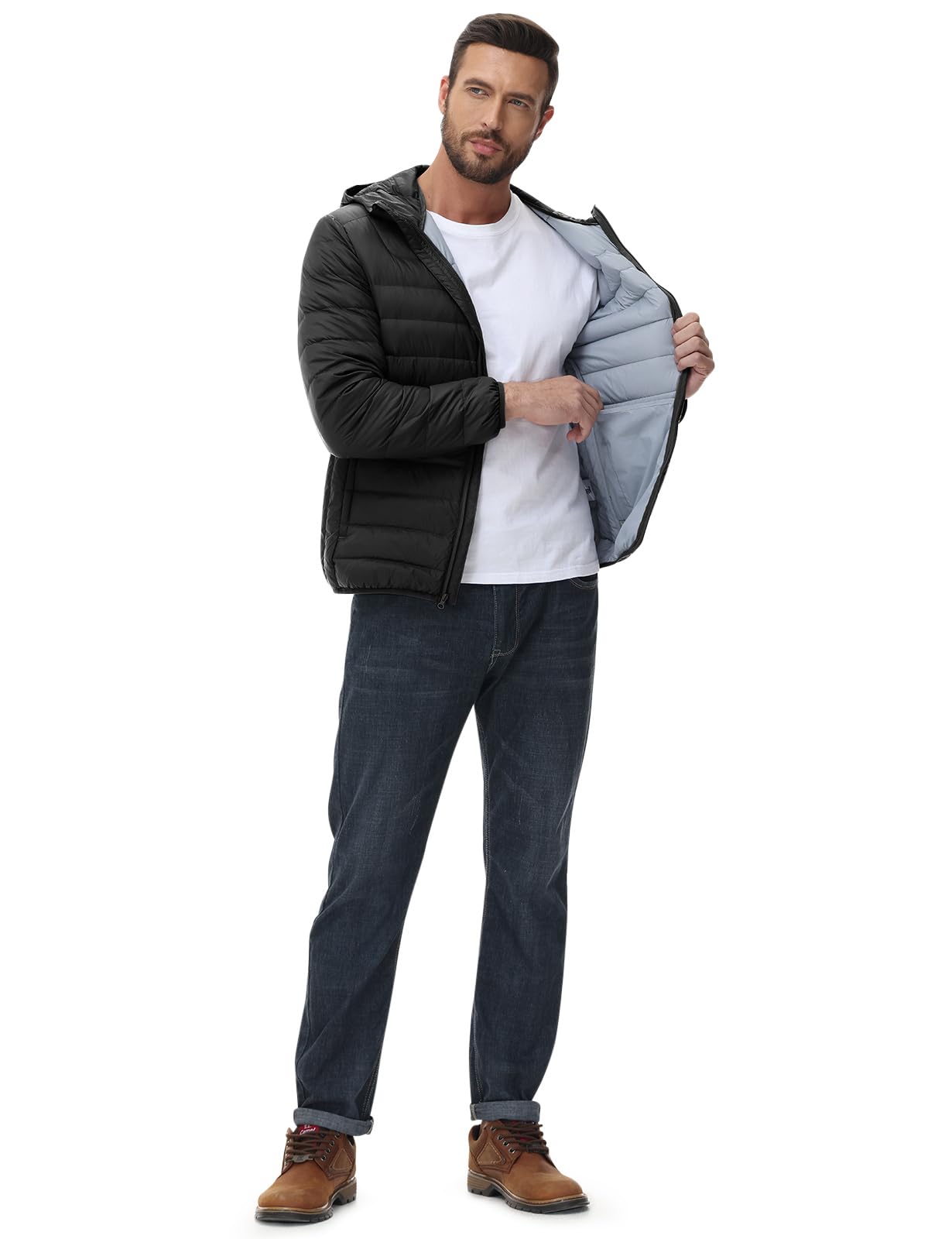 Rdruko Men's Down Puffer Jacket with Hood Packable Lightweight Puffy Hooded Winter Coat Light Thin Insulated Jacket, Black, XXL