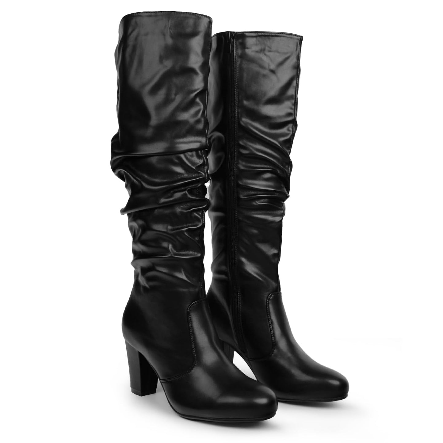 Hawkwell Women's Black White Fall Winter Chunky High-heel Side Zip Knee High Boots,Black PU,7 M US