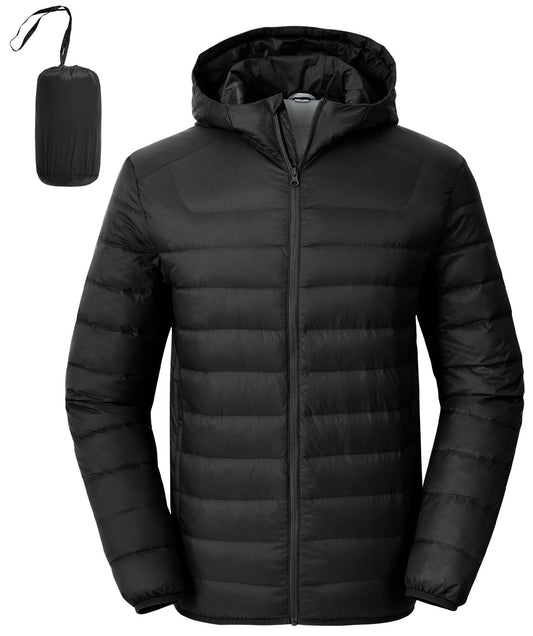 Rdruko Men's Down Puffer Jacket with Hood Packable Lightweight Puffy Hooded Winter Coat Light Thin Insulated Jacket, Black, XXL