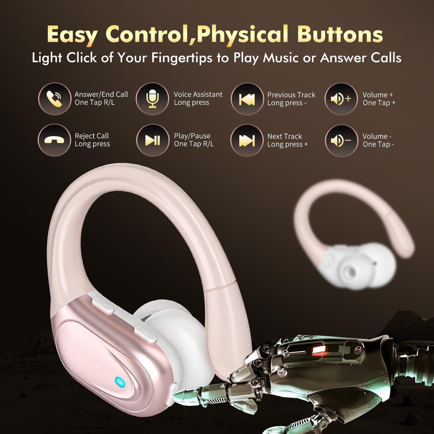 HAOYUYAN Wireless Earbuds, Sports Bluetooth Headphones, 80Hrs Playtime Ear Buds with LED Power Display, Noise Canceling Headset, IPX7 Waterproof Earphones for Workout/Running (Rose Gold)