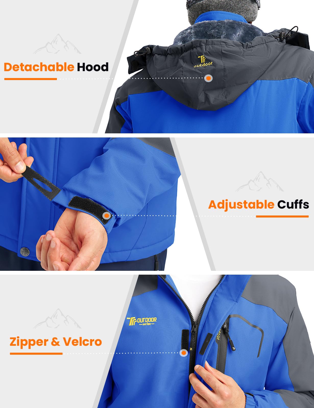 Rdruko Men's Winter Snow Jacket Coat Waterproof Windproof Insulated Ski Snowboard Fleece Jacket (Blue, US XL)
