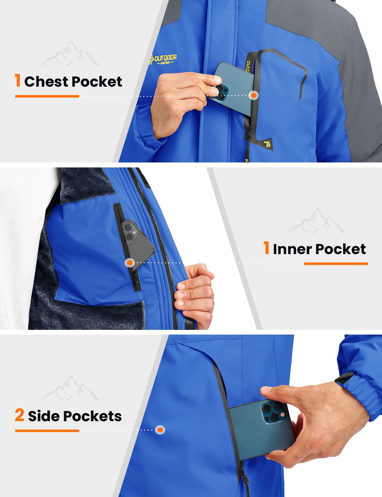Rdruko Men's Winter Snow Jacket Coat Waterproof Windproof Insulated Ski Snowboard Fleece Jacket (Blue, US XL)