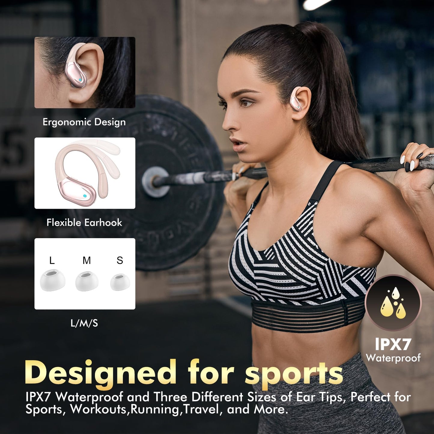 HAOYUYAN Wireless Earbuds, Sports Bluetooth Headphones, 80Hrs Playtime Ear Buds with LED Power Display, Noise Canceling Headset, IPX7 Waterproof Earphones for Workout/Running (Rose Gold)
