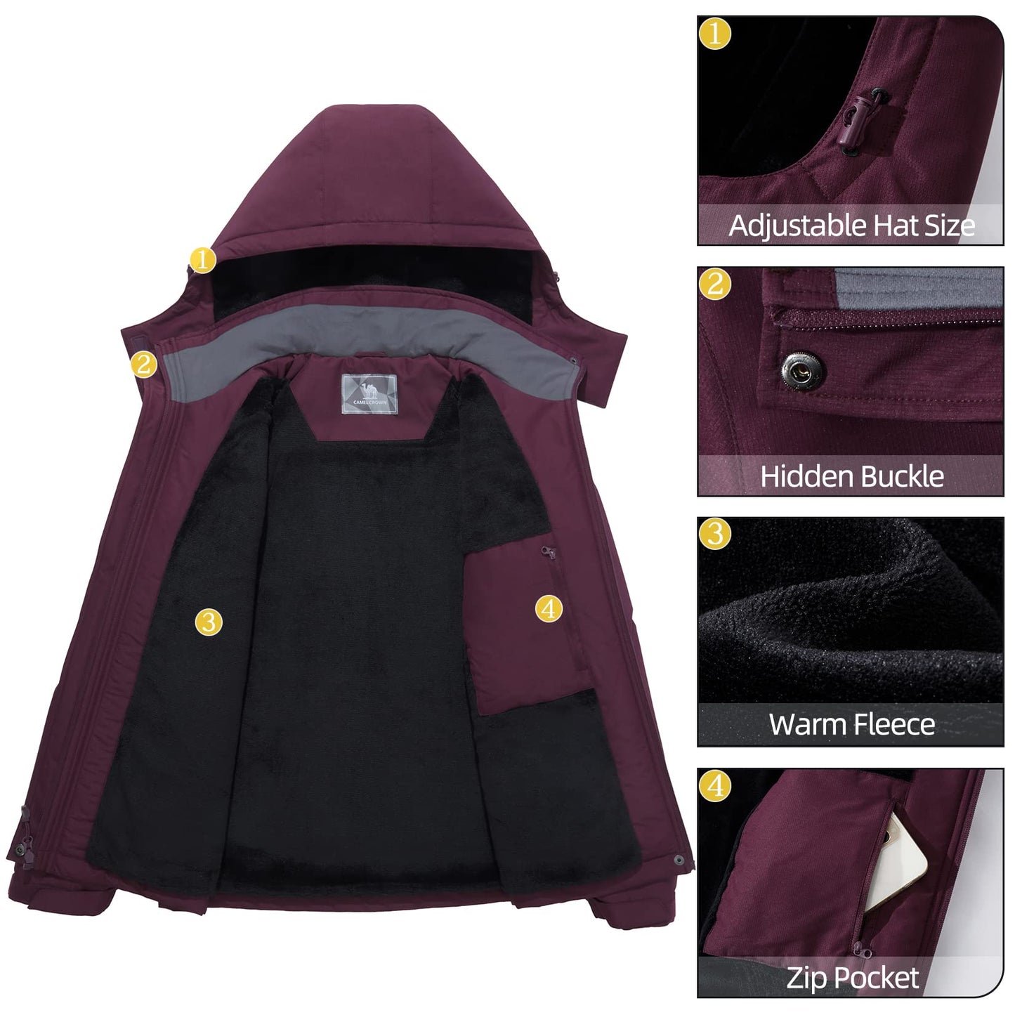 CAMEL CROWN Women's Ski Jacket Thicken Winter Snow Coat Warm Fleece Mountain Waterproof Female Jacket Hooded Windbreaker