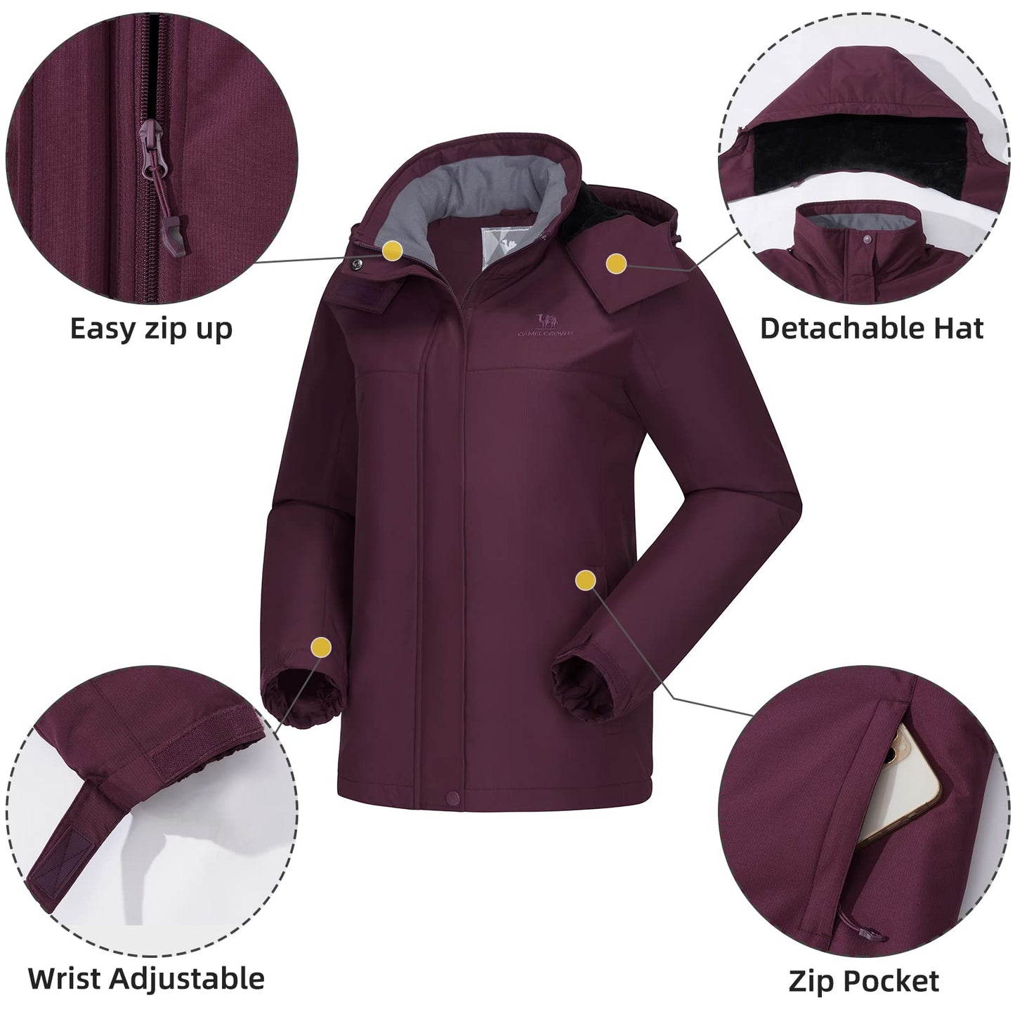 CAMEL CROWN Women's Ski Jacket Thicken Winter Snow Coat Warm Fleece Mountain Waterproof Female Jacket Hooded Windbreaker