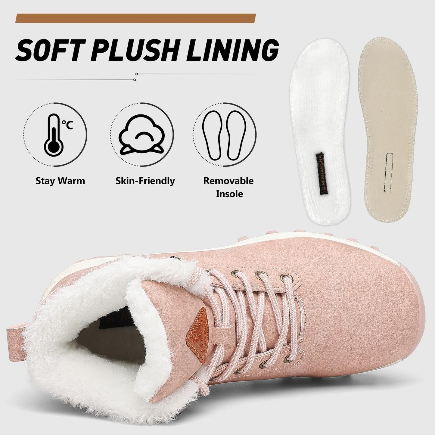 Mishansha Snow Boots for Women – Waterproof Winter Hiking Boots with Warm Fur Lining, Anti-Slip Sole, Insulated Outdoor Cold Weather Booties