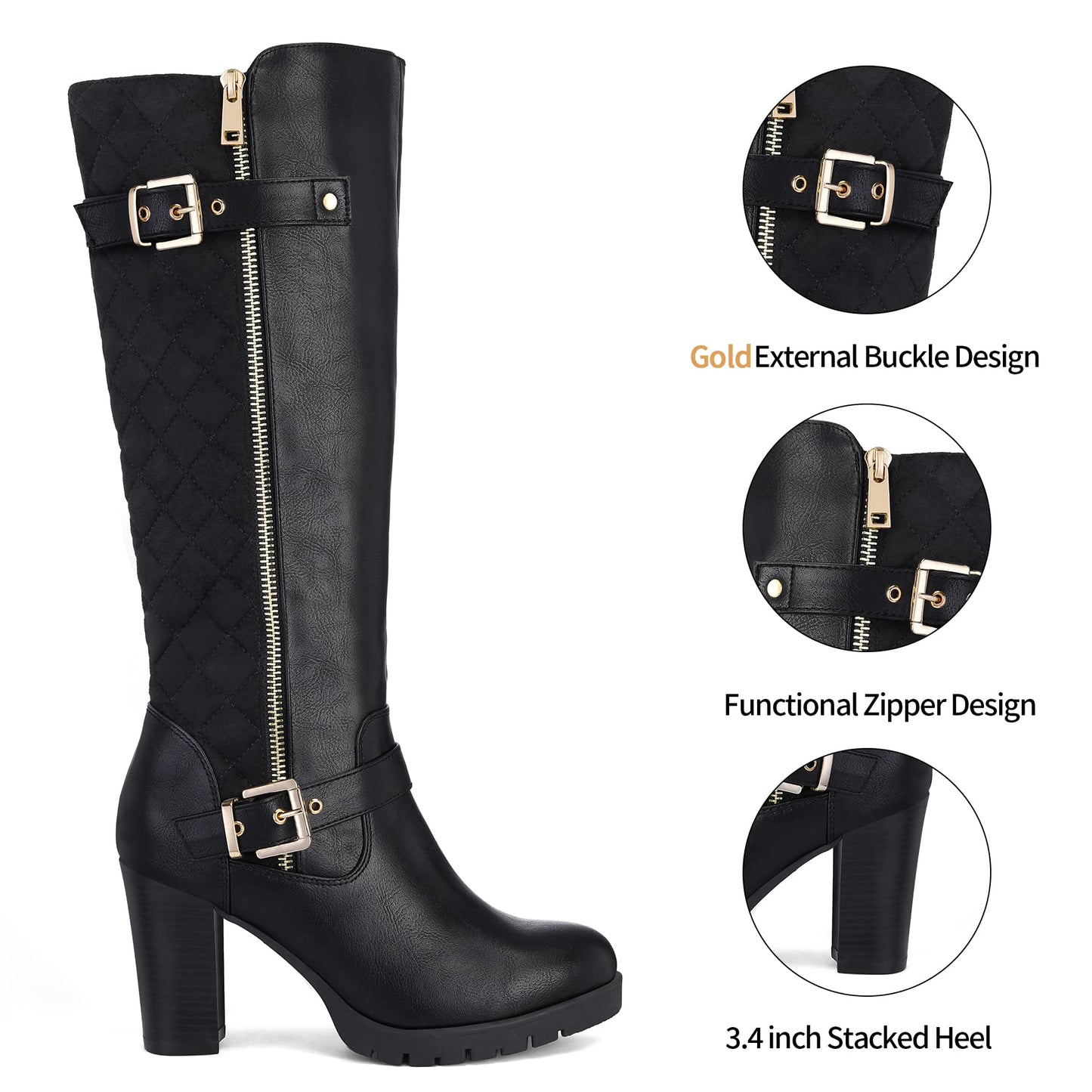 mysoft Women's Knee High Boots Fashion Chunky Block Heel Warm Winter Boots with Side Zippers