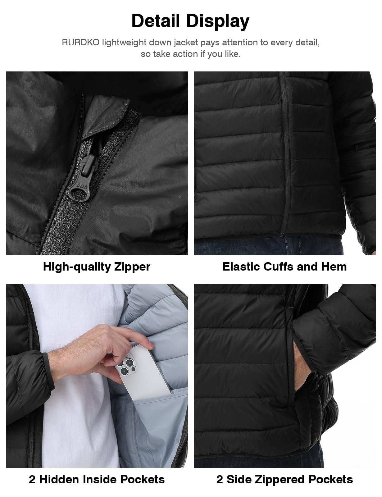 Rdruko Men's Down Puffer Jacket with Hood Packable Lightweight Puffy Hooded Winter Coat Light Thin Insulated Jacket, Black, XXL