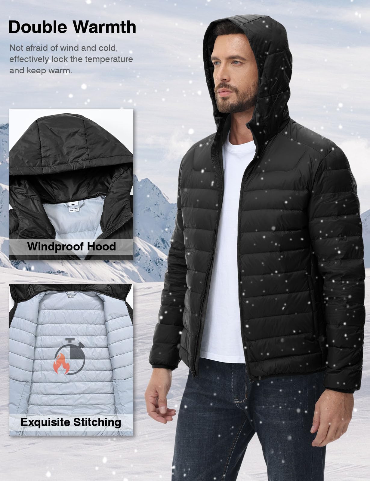 Rdruko Men's Down Puffer Jacket with Hood Packable Lightweight Puffy Hooded Winter Coat Light Thin Insulated Jacket, Black, XXL