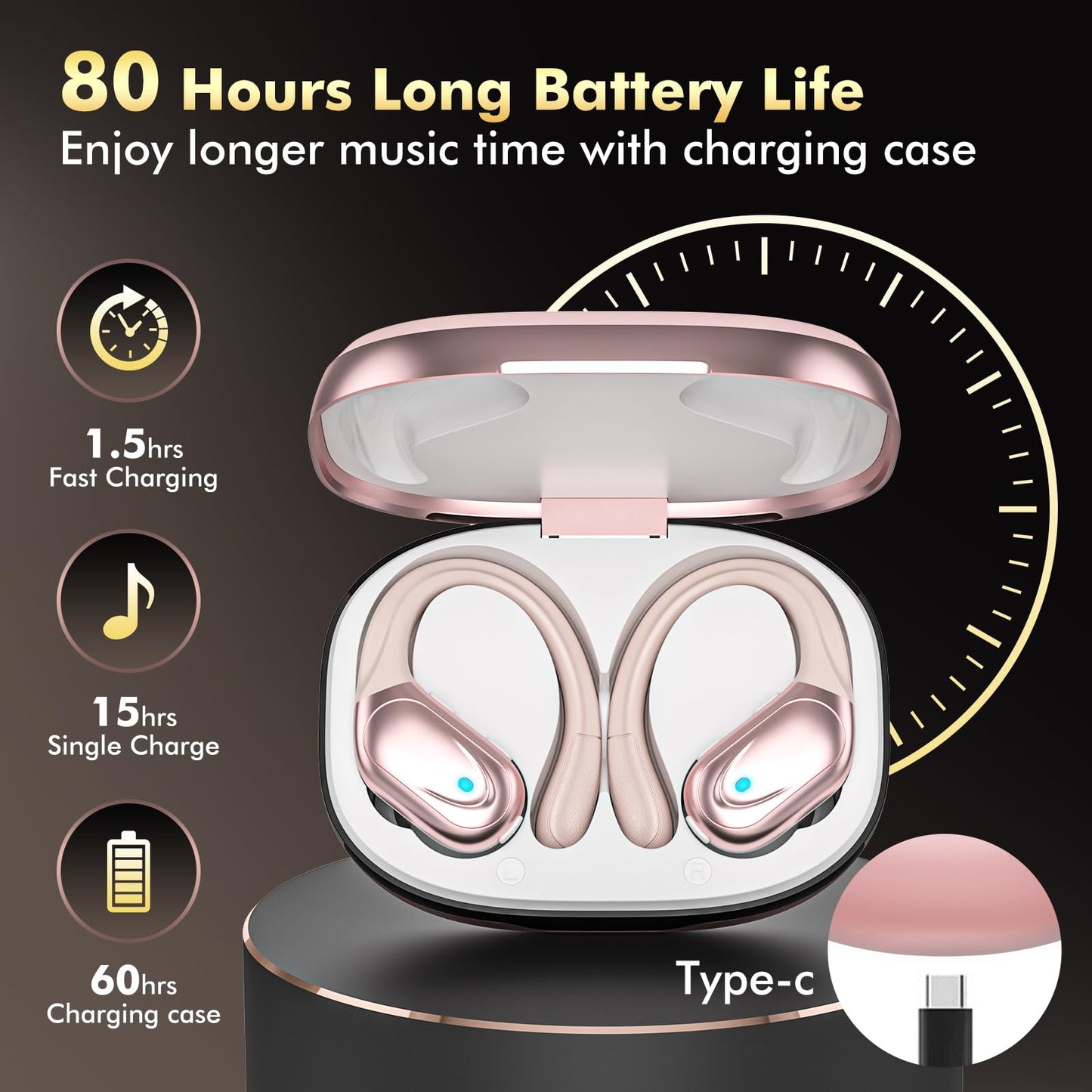 HAOYUYAN Wireless Earbuds, Sports Bluetooth Headphones, 80Hrs Playtime Ear Buds with LED Power Display, Noise Canceling Headset, IPX7 Waterproof Earphones for Workout/Running (Rose Gold)