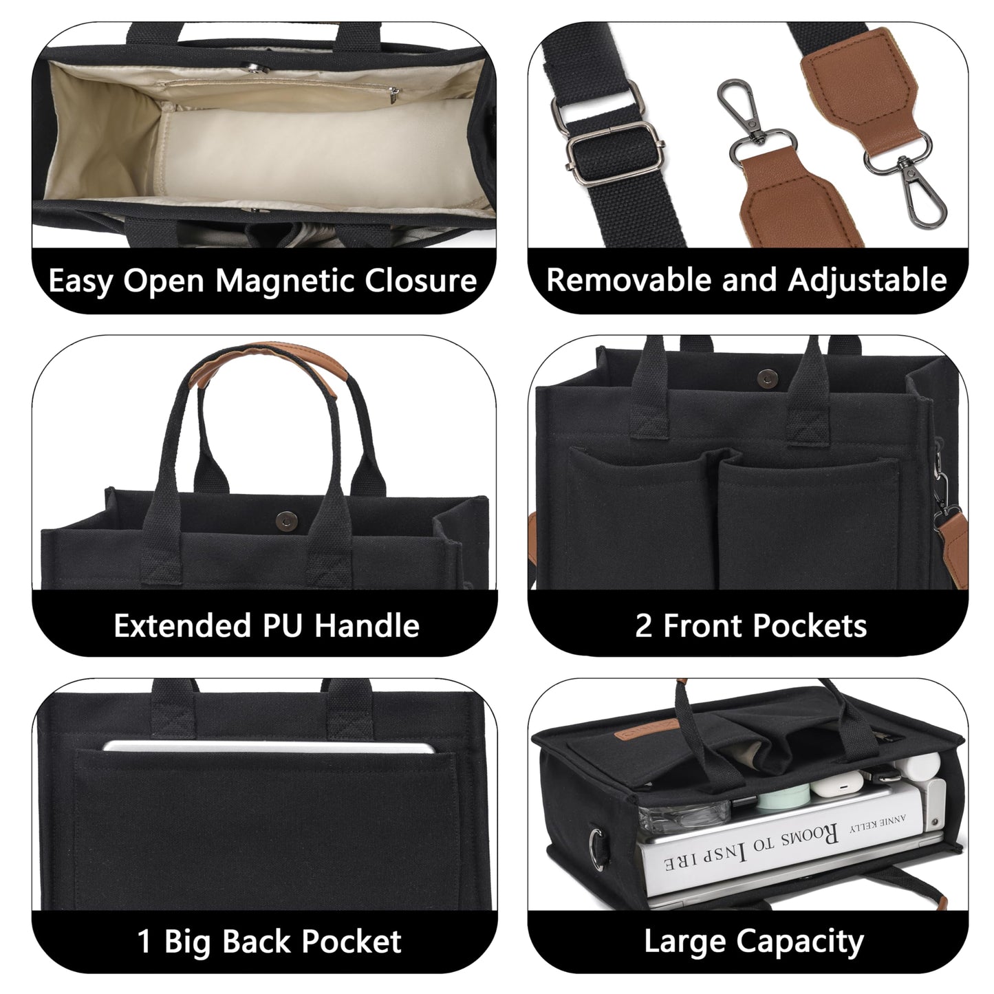Tote Bag for Women With Compartments and Pockets,Black Large Canvas Tote Women's Purse Crossbody Bags Work Laptop Book Bag Top Handle Satchels Handbags Shoulder Bag for Travel Teacher Nurse Gym Beach