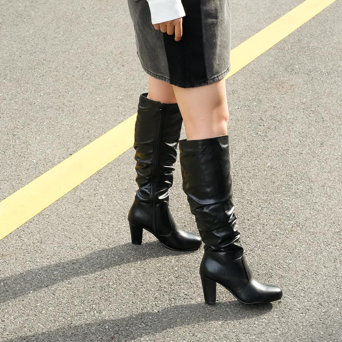 Hawkwell Women's Black White Fall Winter Chunky High-heel Side Zip Knee High Boots,Black PU,7 M US