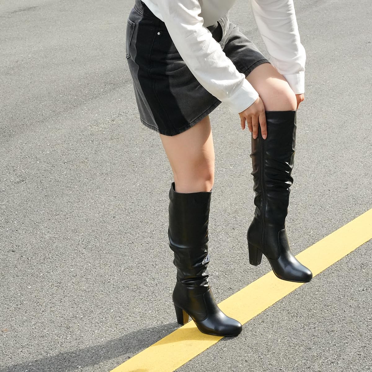 Hawkwell Women's Black White Fall Winter Chunky High-heel Side Zip Knee High Boots,Black PU,7 M US