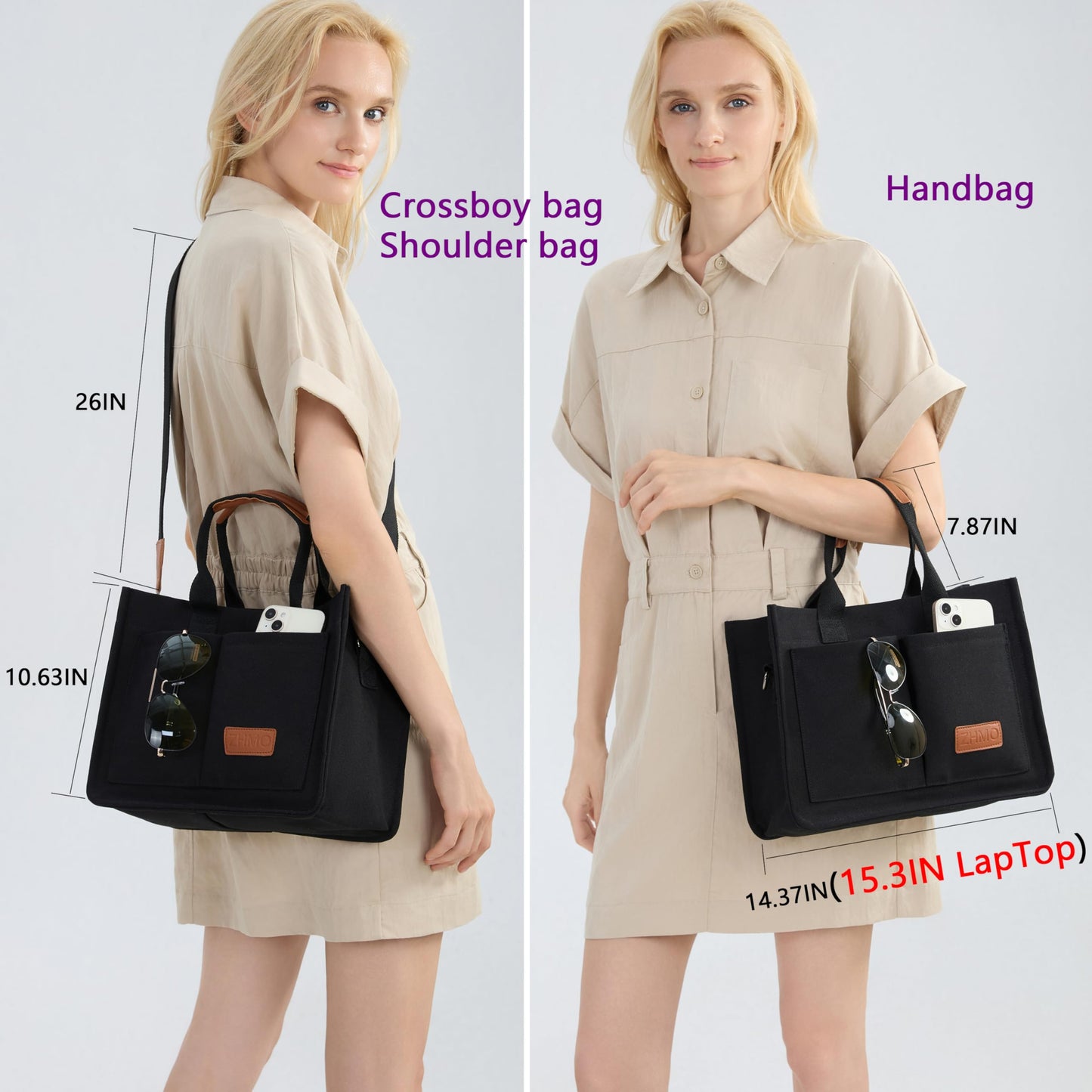 Tote Bag for Women With Compartments and Pockets,Black Large Canvas Tote Women's Purse Crossbody Bags Work Laptop Book Bag Top Handle Satchels Handbags Shoulder Bag for Travel Teacher Nurse Gym Beach