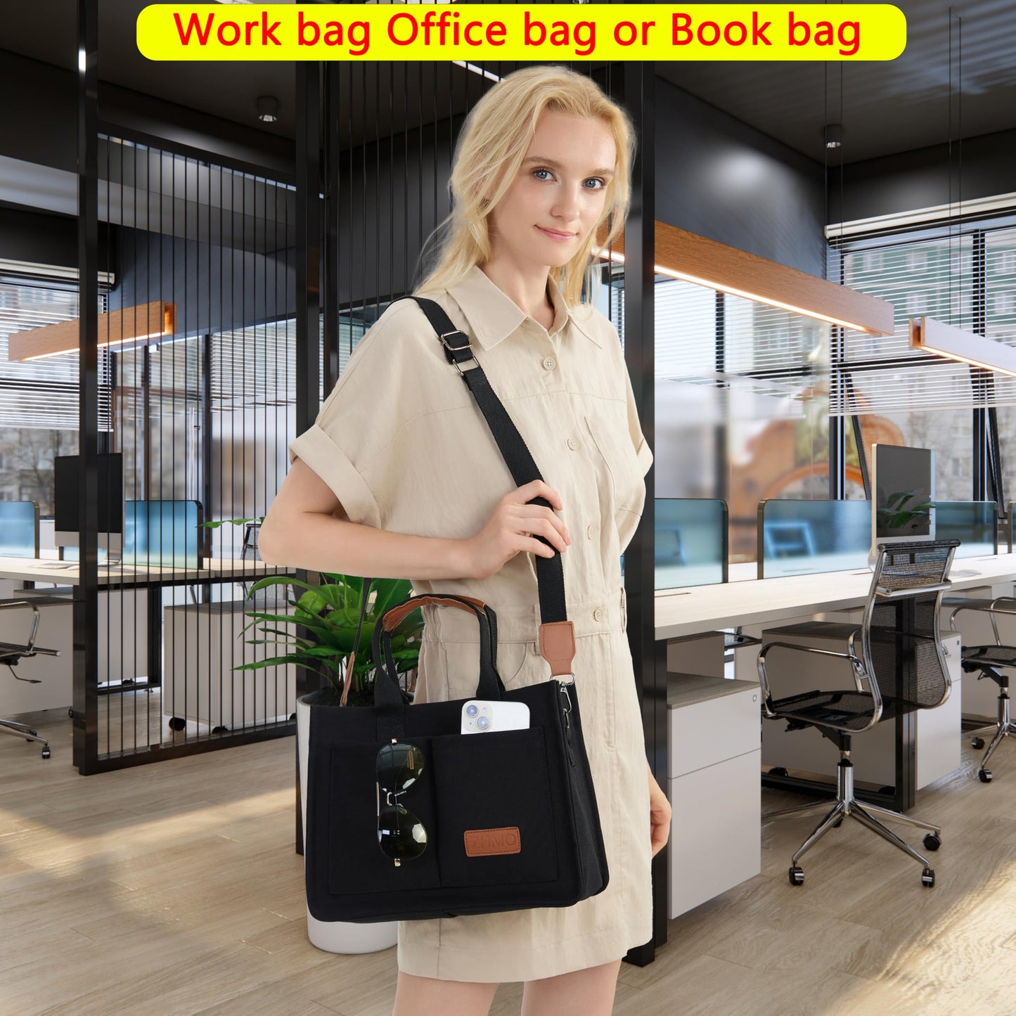 Tote Bag for Women With Compartments and Pockets,Black Large Canvas Tote Women's Purse Crossbody Bags Work Laptop Book Bag Top Handle Satchels Handbags Shoulder Bag for Travel Teacher Nurse Gym Beach