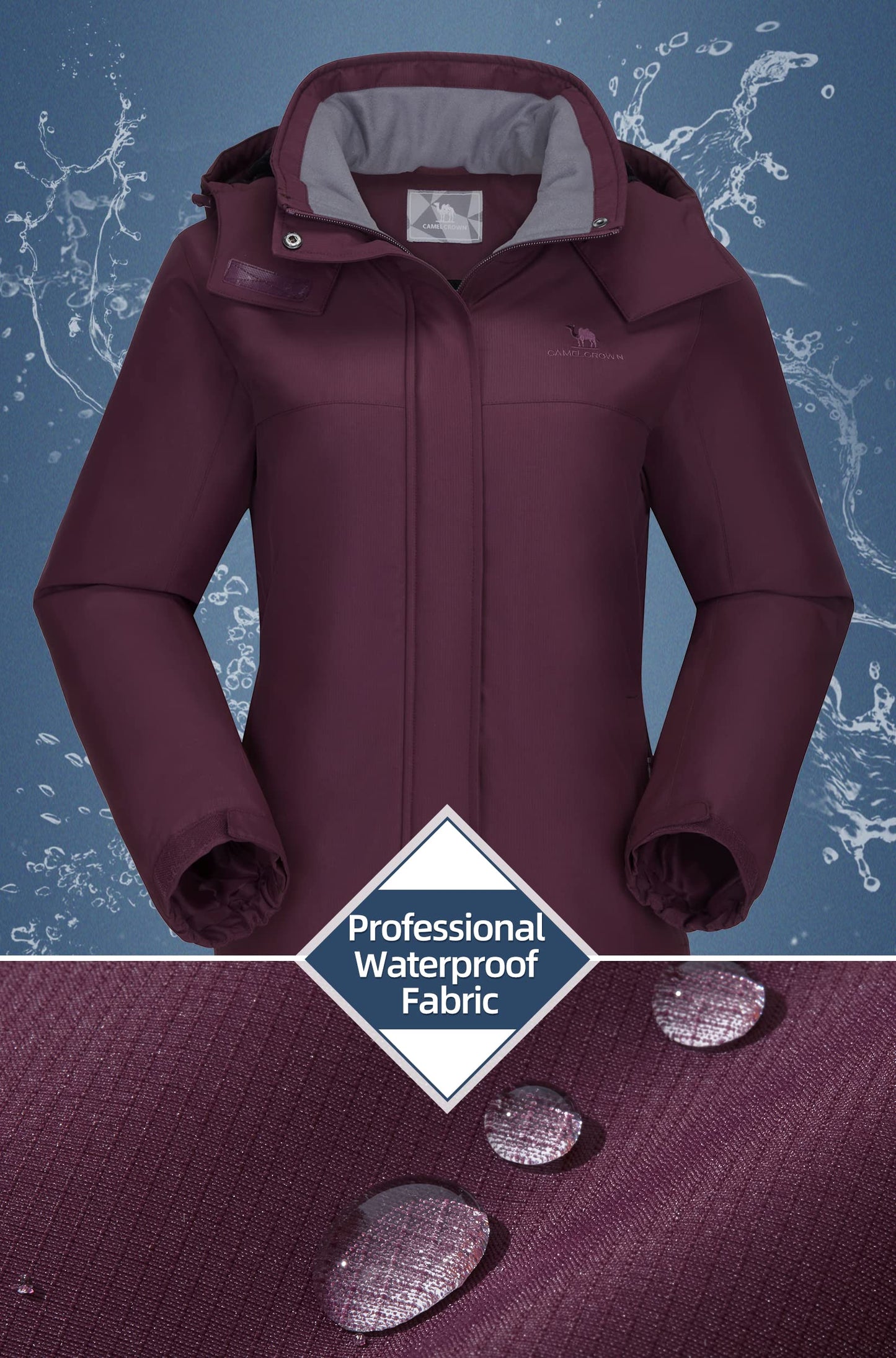 CAMEL CROWN Women's Ski Jacket Thicken Winter Snow Coat Warm Fleece Mountain Waterproof Female Jacket Hooded Windbreaker