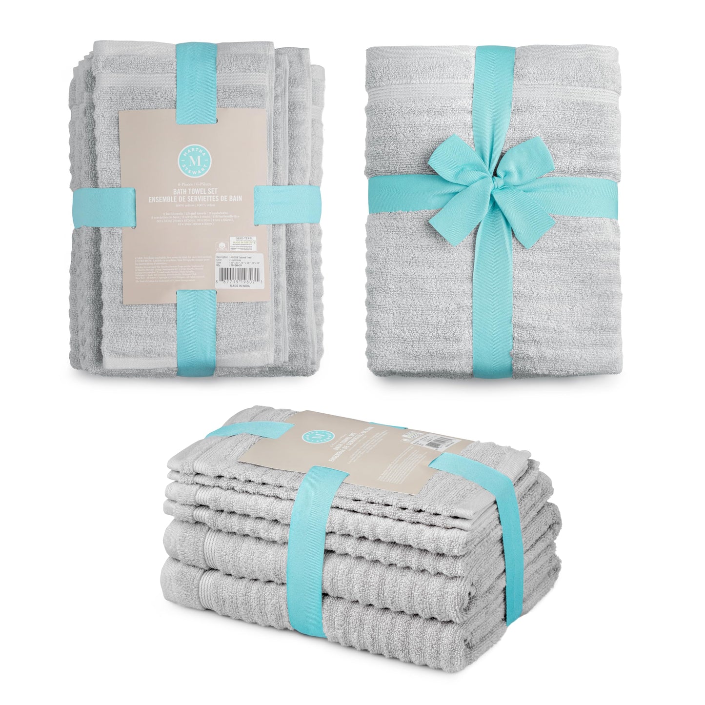 Martha Stewart 100% Cotton Bath Towels Set of 6 Piece, 2 Bath Towels, 2 Hand Towels, 2 Washcloths, Quick Dry Towels, Soft & Absorbent, Bathroom Essentials, Towel Sets for College Dorm, Textured Gray