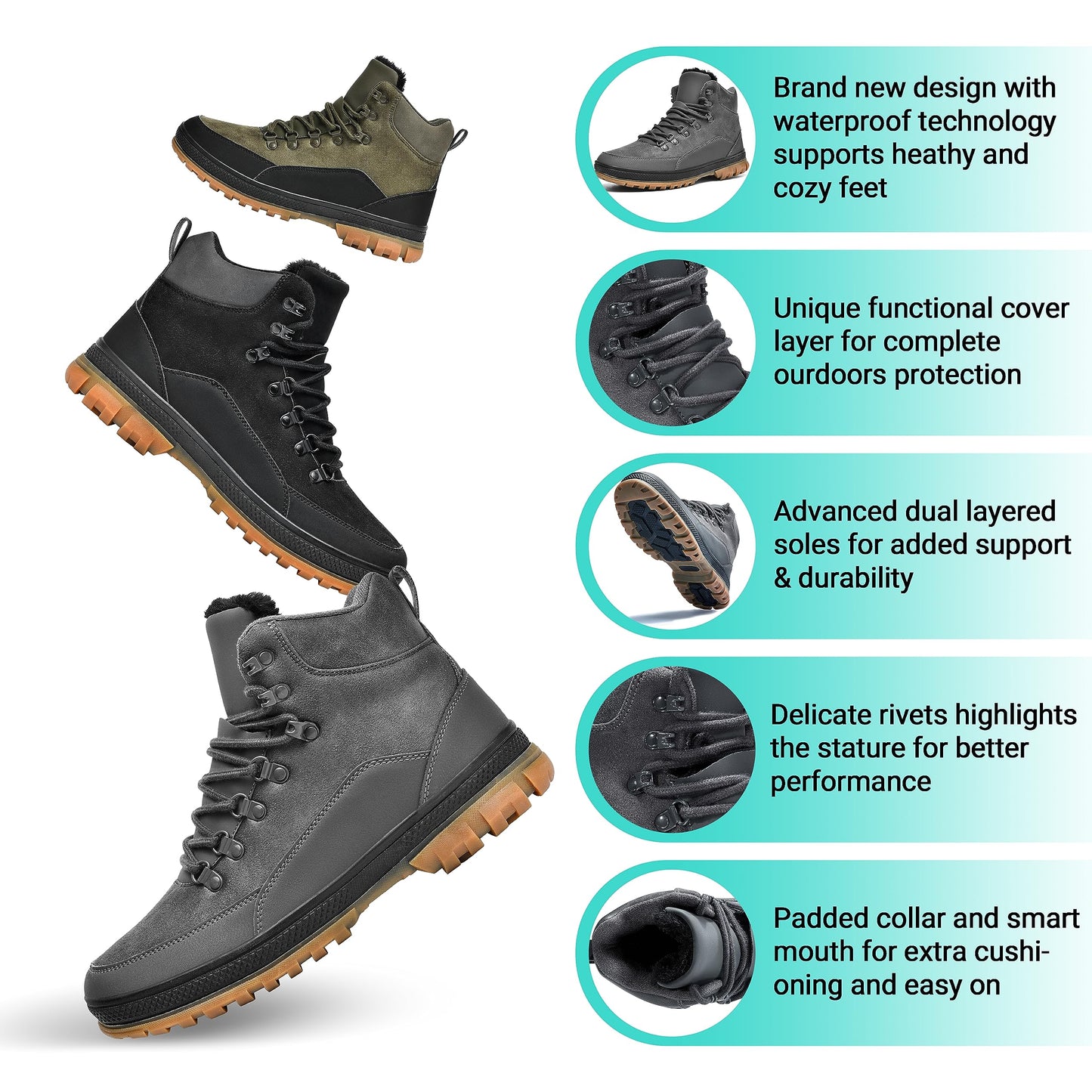 Wondamo Men's Snow Boots Lightweight Waterproof Winter Boots Fur Lined Anti-slip Cold Weather Shoes, Dark Grey, 8 US Men