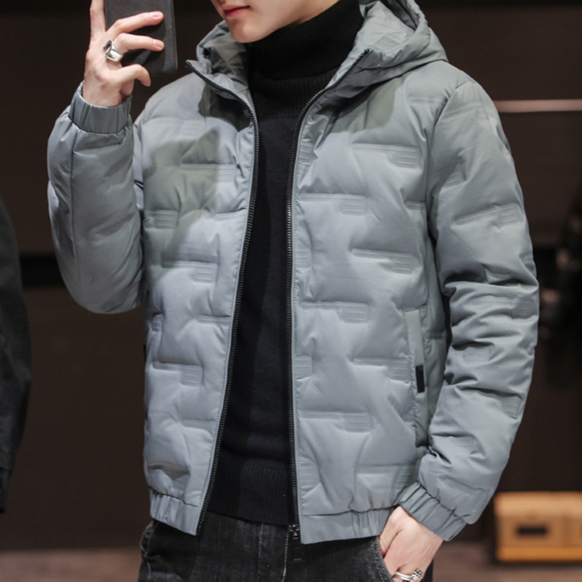 Mens Hooded Zipper Puffer Jacket
