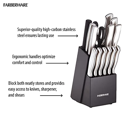 FARBERWARE 15-Piece Kitchen Knife Set with High-Carbon Stainless Steel Blades, Black Handles, Steak Knives, Wood Block, Razor Sharp and Ergonomic