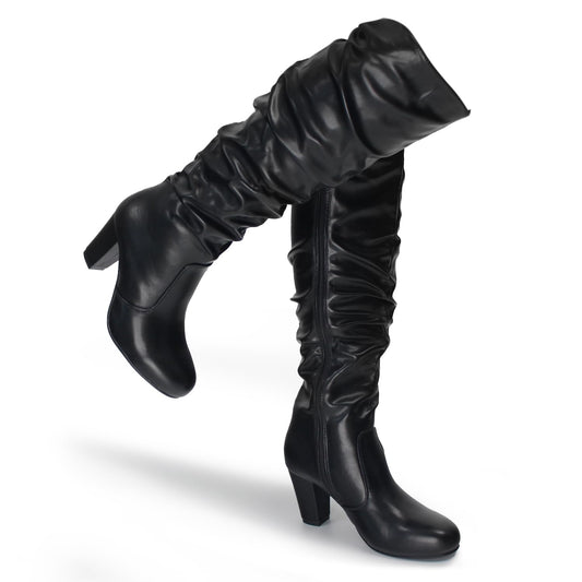 Hawkwell Women's Black White Fall Winter Chunky High-heel Side Zip Knee High Boots,Black PU,7 M US