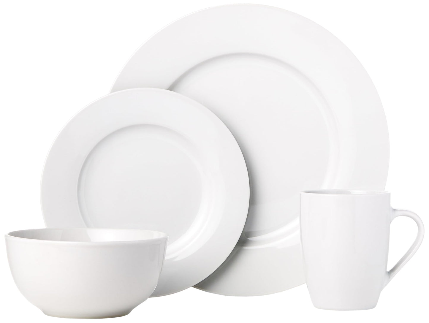 Amazon Basics 16-Piece Porcelain Kitchen Dinnerware Set with Plates, Bowls and Mugs, Service for 4 - White