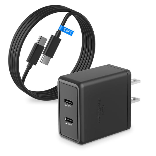 25W Super Fast Charger for Samsung Galaxy A16 A15 A14 5G A55 A54 A53 A52 A42 A32 A31 A41 A51 A71 A21S A23 A34 A03S A24 A23, Dual USB C Ports Travel Adapter with 6.6FT Type C Cable Cord