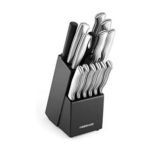 FARBERWARE 15-Piece Kitchen Knife Set with High-Carbon Stainless Steel Blades, Black Handles, Steak Knives, Wood Block, Razor Sharp and Ergonomic