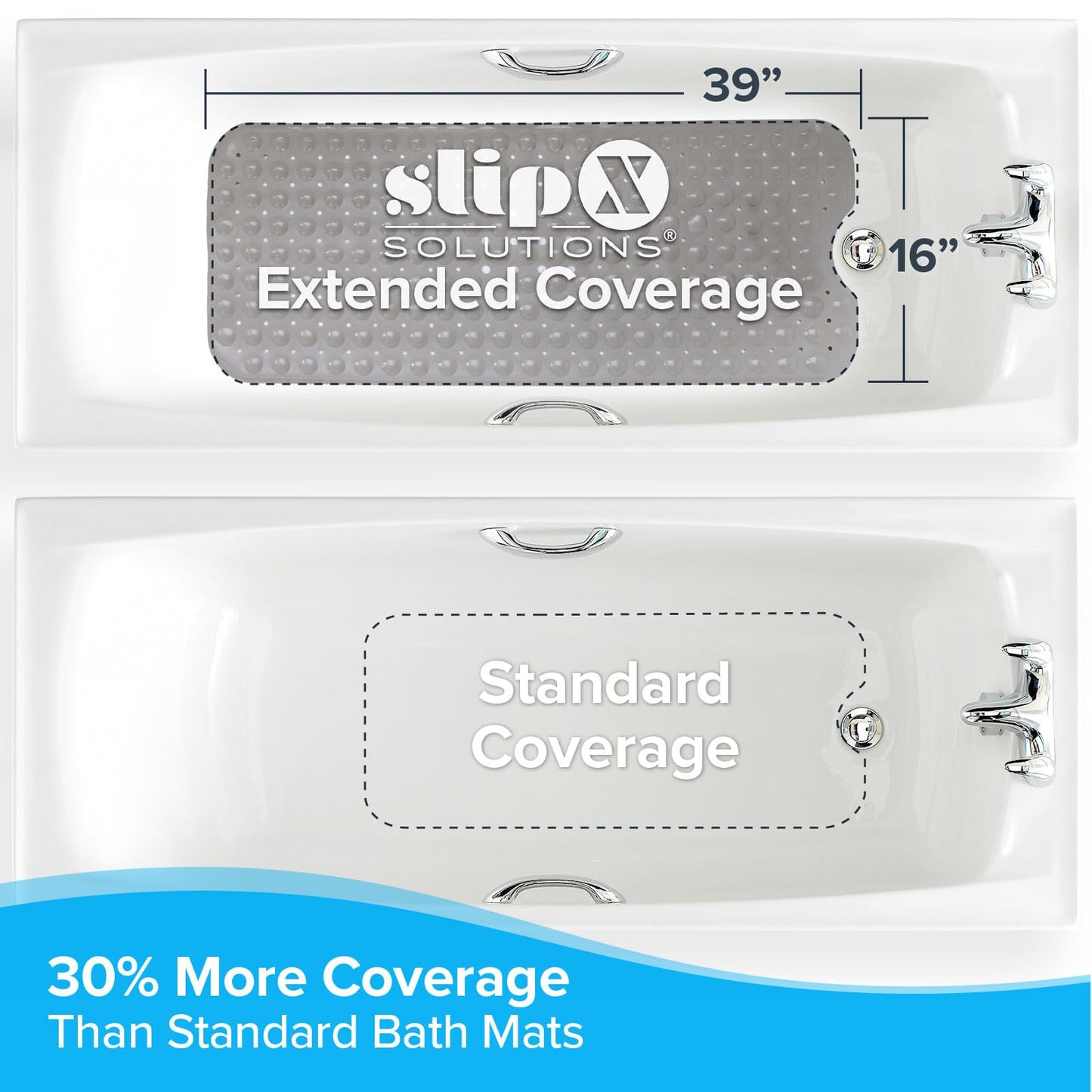 SlipX Solutions Power Grip Extra Long Bath Tub & Shower Mat 39x16, Wet Floor Non-Slip for Elderly & Kids Bathroom, 30% Longer Bathtub Mats, 200 Suction Cups, Drain Holes, Machine Wash, Tan