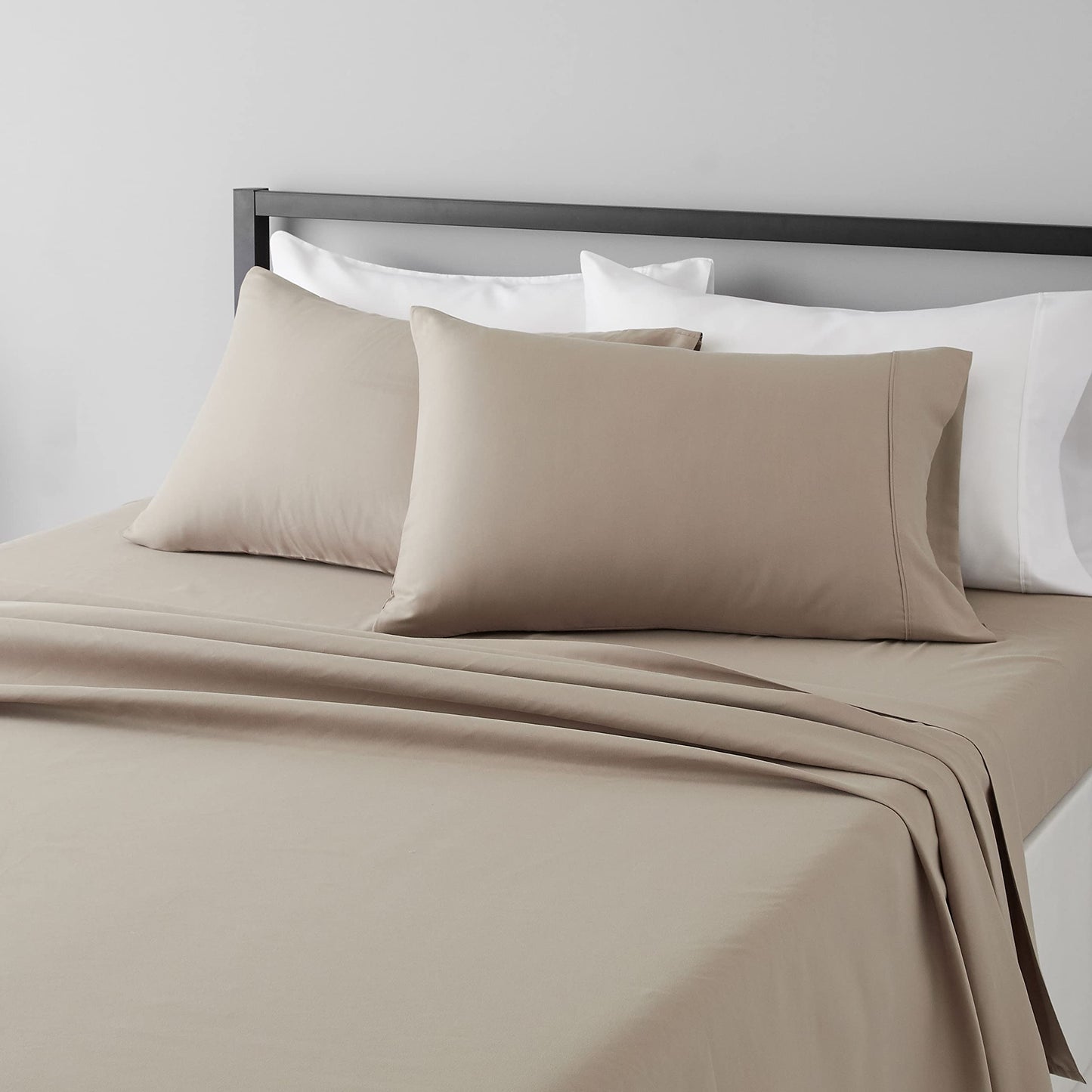 Amazon Basics Lightweight Super Soft Cooling, Easy Care Breathable Wrinkle Free Microfiber Comfortable 4-Piece Bed Sheet Set with 14-Inch Deep Pockets, Queen, Taupe, Solid