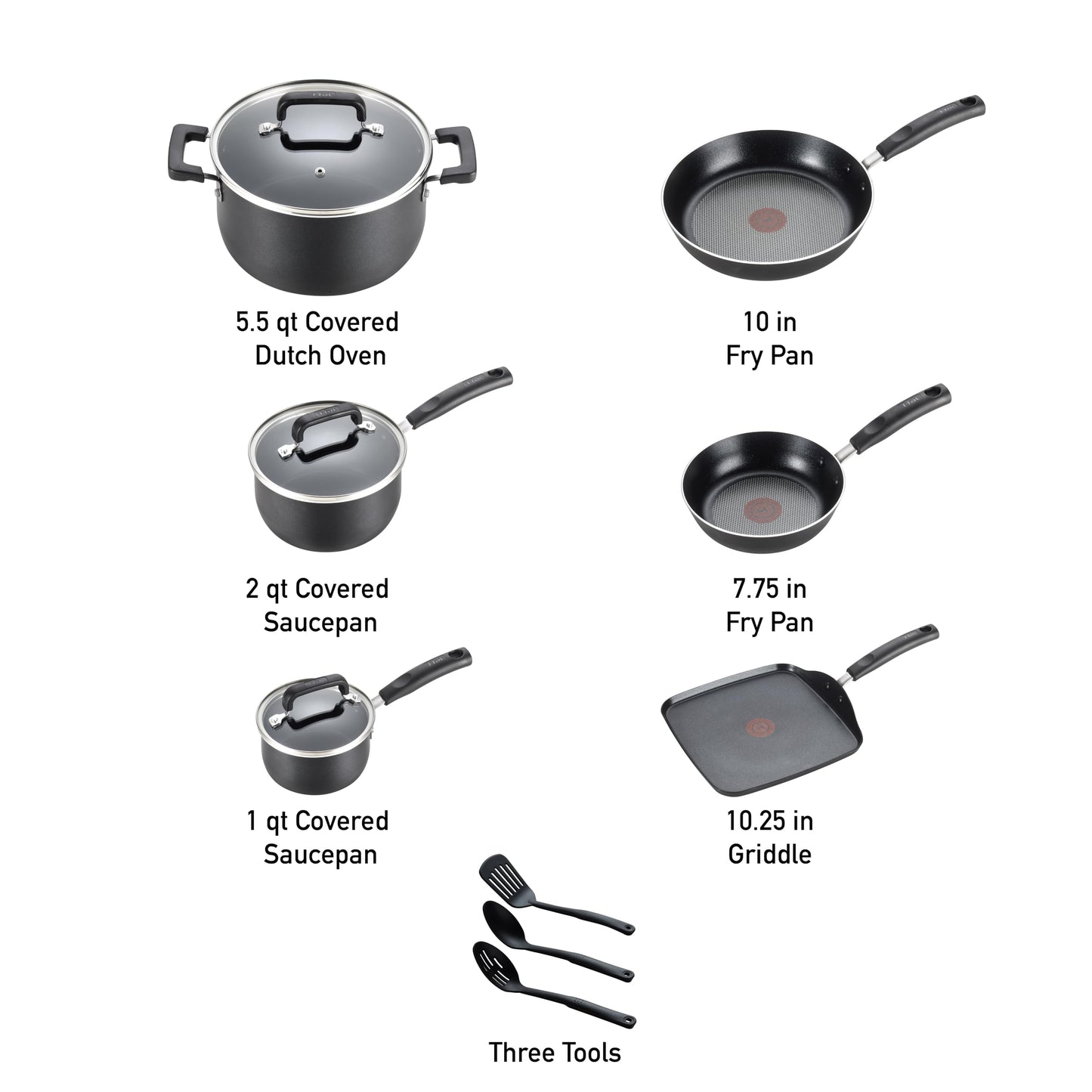 T-fal Signature Nonstick Cookware Set 12 Piece, Oven Broiler Safe 350F, Pots and Pans, Kitchen Cooking Set w/Fry Pans, Saucepans, Saute Pan, Dutch Oven, Griddle, Kitchen, Home, Dishwasher Safe, Black