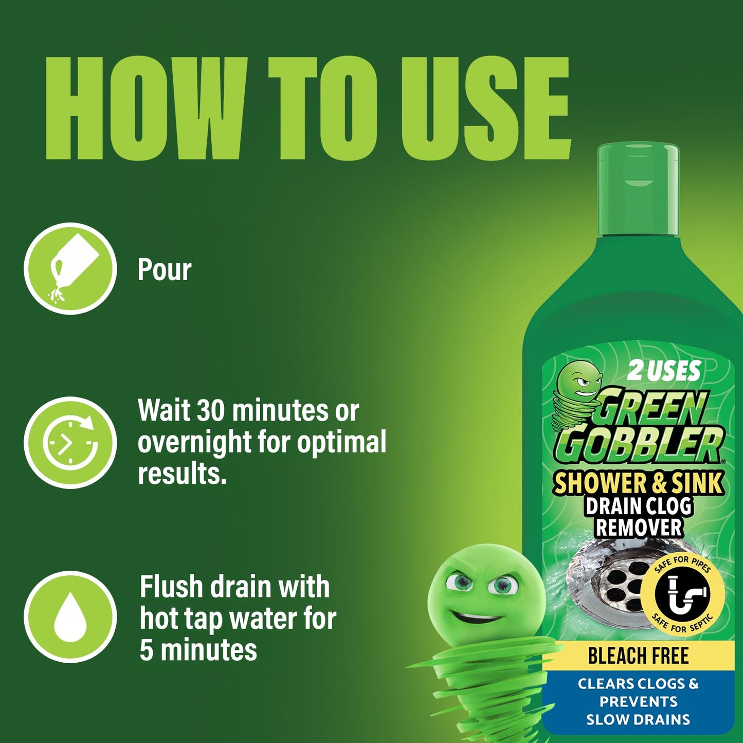 Green Gobbler Ultra Concentrated Drain Clog Remover & Cleaner | Powerful Hair, Grease & Soap Dissolver for Bathroom, Kitchen, Shower, Sink & Toilet | Safe for Pipes & Septic Systems | 2 Pack