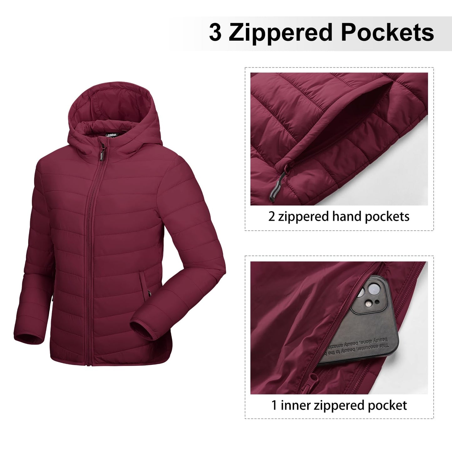 Outdoor Ventures Women's Packable Lightweight Full-Zip Puffer Jacket with Hood Quilted Winter Coat