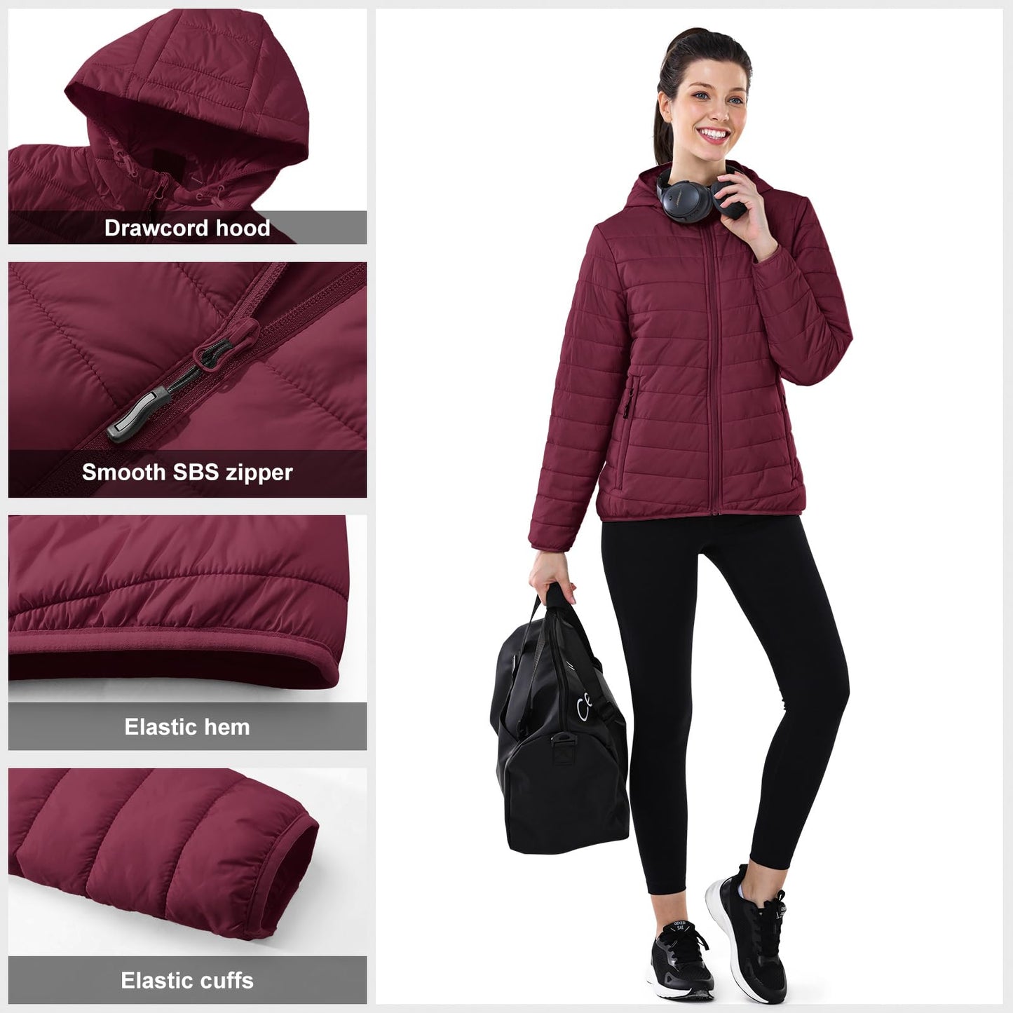 Outdoor Ventures Women's Packable Lightweight Full-Zip Puffer Jacket with Hood Quilted Winter Coat