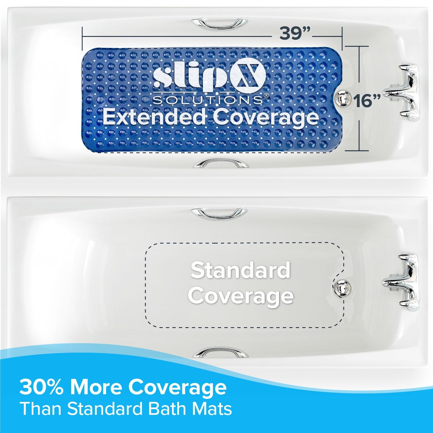 SlipX Solutions Power Grip Extra Long Bath Tub & Shower Mat 39x16, Wet Floor Non-Slip for Elderly & Kids Bathroom, 30% Longer Bathtub Mats, 200 Suction Cups, Drain Holes (1, Navy)