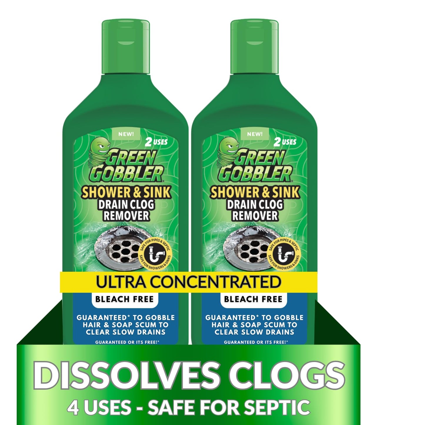 Green Gobbler Ultra Concentrated Drain Clog Remover & Cleaner | Powerful Hair, Grease & Soap Dissolver for Bathroom, Kitchen, Shower, Sink & Toilet | Safe for Pipes & Septic Systems | 2 Pack