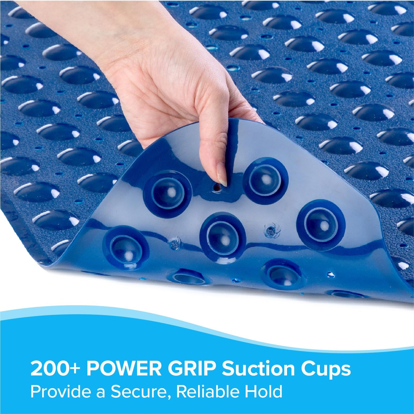 SlipX Solutions Power Grip Extra Long Bath Tub & Shower Mat 39x16, Wet Floor Non-Slip for Elderly & Kids Bathroom, 30% Longer Bathtub Mats, 200 Suction Cups, Drain Holes (1, Navy)