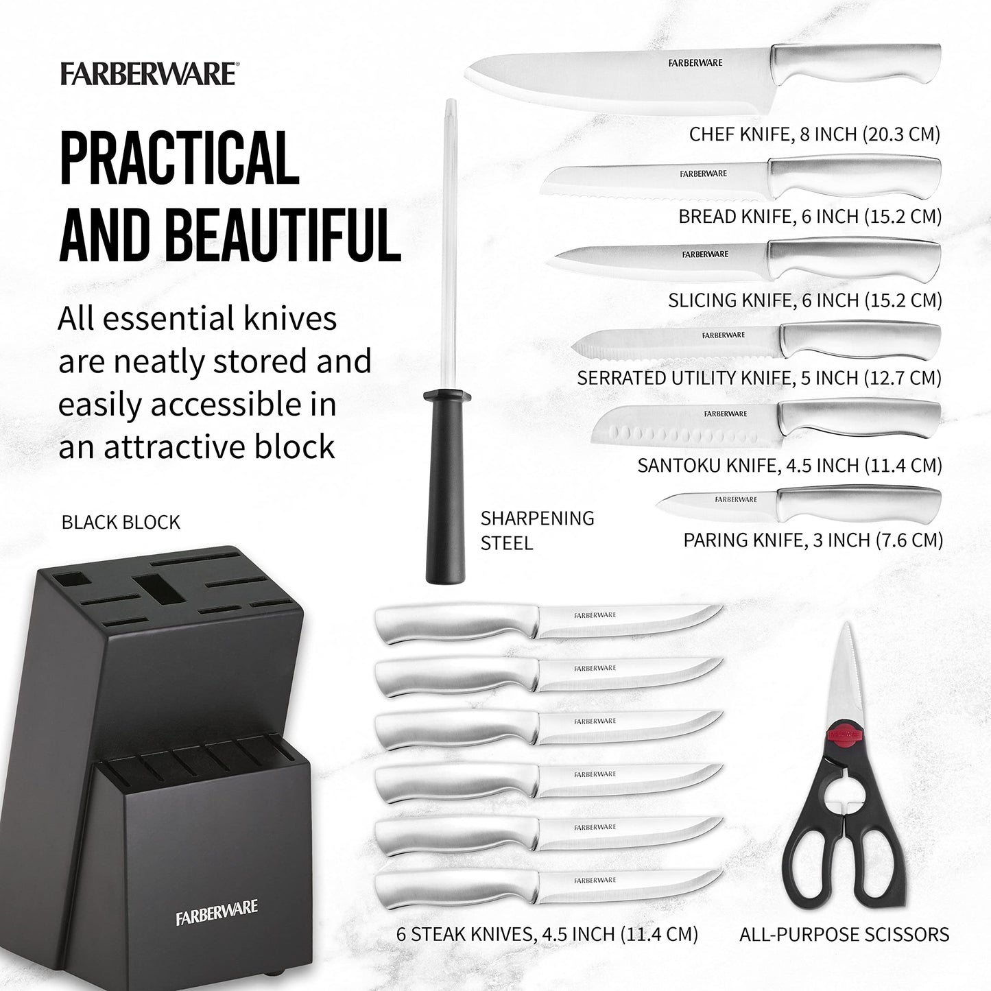 FARBERWARE 15-Piece Kitchen Knife Set with High-Carbon Stainless Steel Blades, Black Handles, Steak Knives, Wood Block, Razor Sharp and Ergonomic