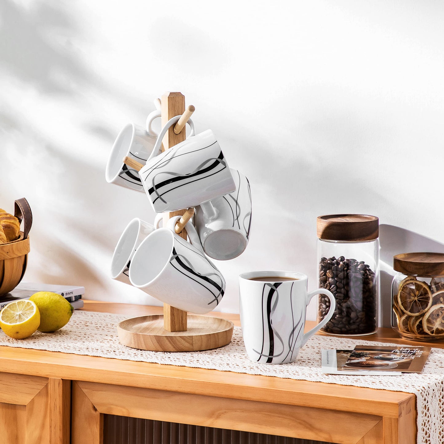 VEWEET Ceramic Coffee Mugs Set of 6, 11 OZ Coffee Cups Set with Handle, White Mugs Set Porcelain Cup Set for Kitchen, Microwave Dishwasher Safe, Series Fiona