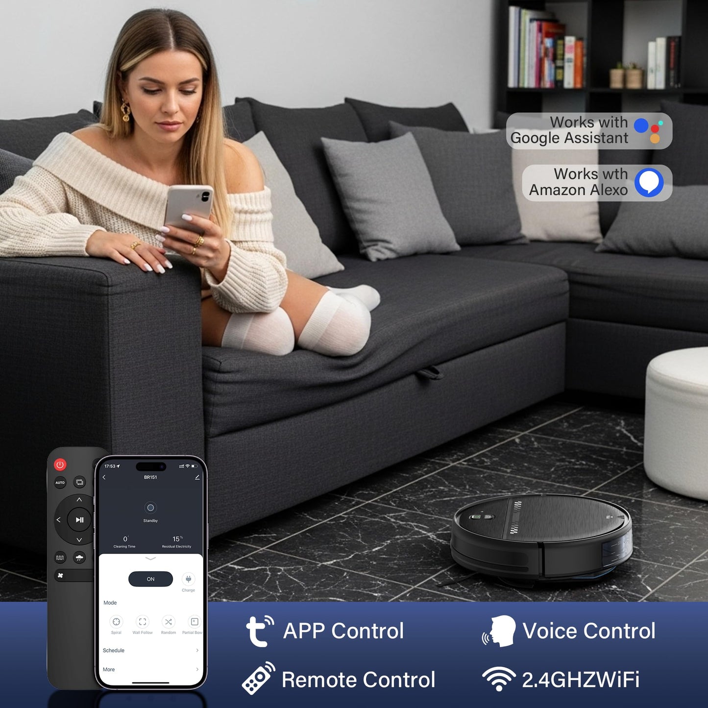 ZC WAS Robot Vacuum and Mop Combo, 2-in-1 Robot Vacuum Cleaner, Perfect for Pet Hair, Hard Floor and Carpet, Anti-Bump, Anti-Fall, App, Voice and Remote Control