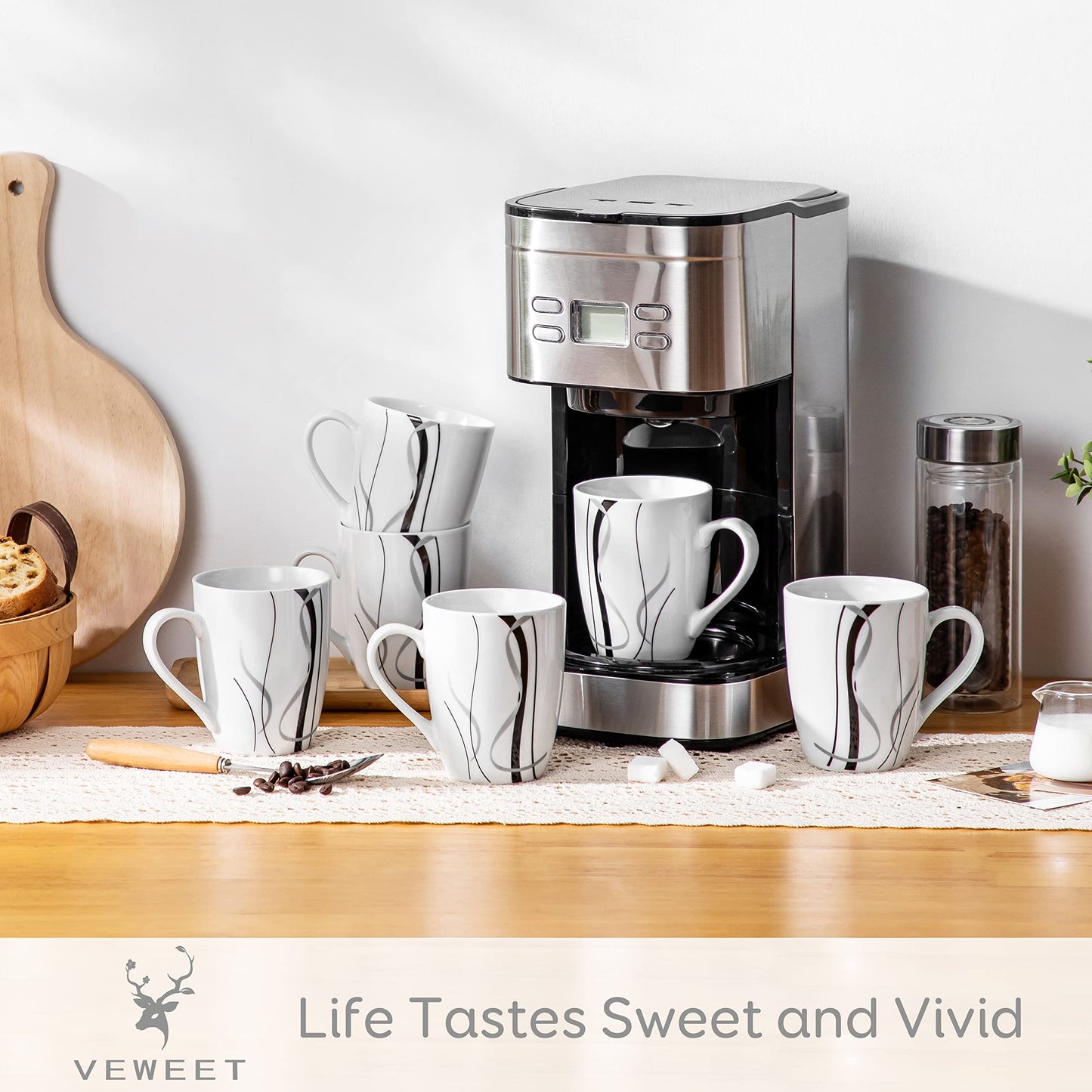 VEWEET Ceramic Coffee Mugs Set of 6, 11 OZ Coffee Cups Set with Handle, White Mugs Set Porcelain Cup Set for Kitchen, Microwave Dishwasher Safe, Series Fiona