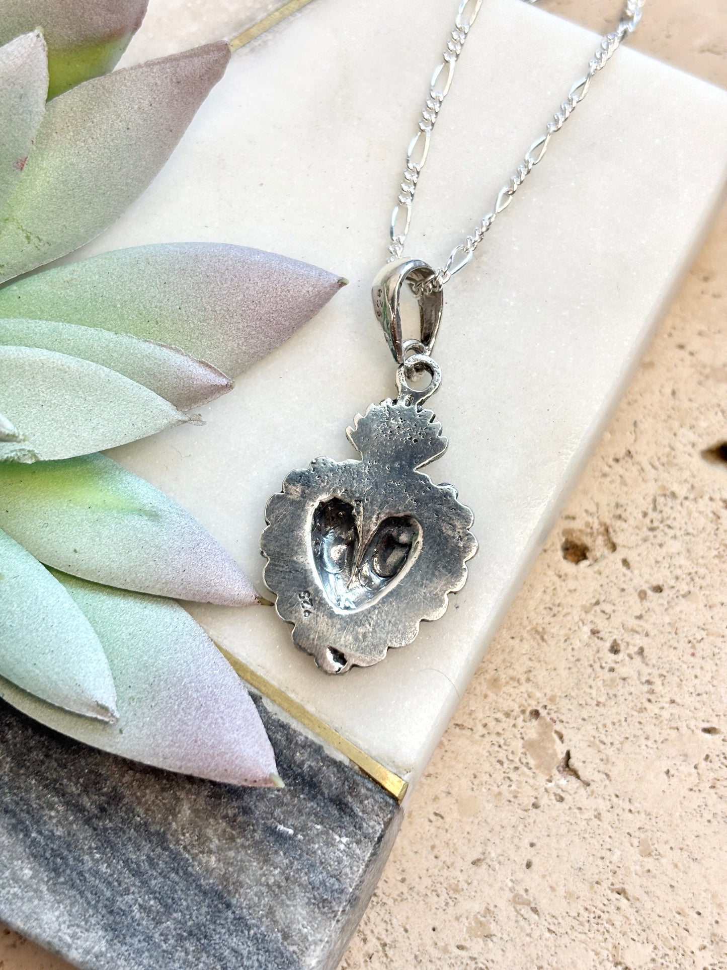Sacred Heart Necklace in 925 Sterling Silver – Mexican Jewelry with 19” Figaro Chain, Collar de sagrado corazón de plata .925 plata mexicana